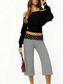 Women's Fold Over Waist Capri Fashionable Casual Solid Color Low Rise Wide Leg Crop Pants - 彩色 - 查看 4