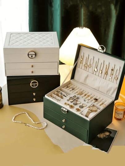 Hộp đựng trang sức có khóa 1 chiếc, hộp đựng trang sức nhiều lớp có khóa, hộp đựng trang sức hai lớp dạng ngăn kéo bằng da PU, hộp đựng nhẫn, bông tai, vòng tay, dây chuyền có khóa, hộp quà tặng trang sức hai lớp có khóa sang trọng - hộp đựng bông tai và nhẫn an toàn, giải pháp quà tặng di động.