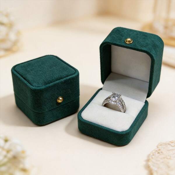 1个青蓝色求婚戒指盒，优雅八角形按扣首饰盒，婚礼、订婚求婚戒指盒，婚礼仪式用，柔软内衬可收纳戒指和耳环