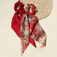 2 piezas Scrunchies de seda con estampado de paisley de unicolor, adecuados para coleta, peinados de moño, ropa, accesorios para el cabello de estilo bohemio, lazos elásticos para el cabello, accesorios festivos - Rojo - Ver 8
