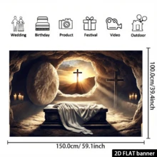 1pc 2D Flat Background Banner, Vibrant Polyester Backdrop With Empty Tomb, Sunrise And Cross, Suitable For Home Gatherings, Weddings, Birthdays, Christmas, Thanksgiving And Autumn, Easy To Set Up And Reusable - A - View 7