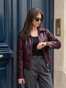 Women's Summer  Faux Leather Zip Up Jacket, Lightweight Breathable Notched Lapel Casual Coat For Daily & Office Wear,Women Sports Jackets,Summer Outfits For Women,Summer Clothes,Beachwear,Vacation Outfits Women,Vacation Essentials - 酒紅色 - 查看 4