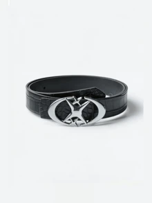 1pc Men's Fashion Personalized Double Moon & Star Buckle Belt, New Versatile Casual Waist Belt Design, Smooth Buckle Suitable For Jeans, Black Crocodile Texture Belt, Korean Retro Decor Suitable For Daily, Outing, Strolling, Party, Gathering - Multicolor - View 2