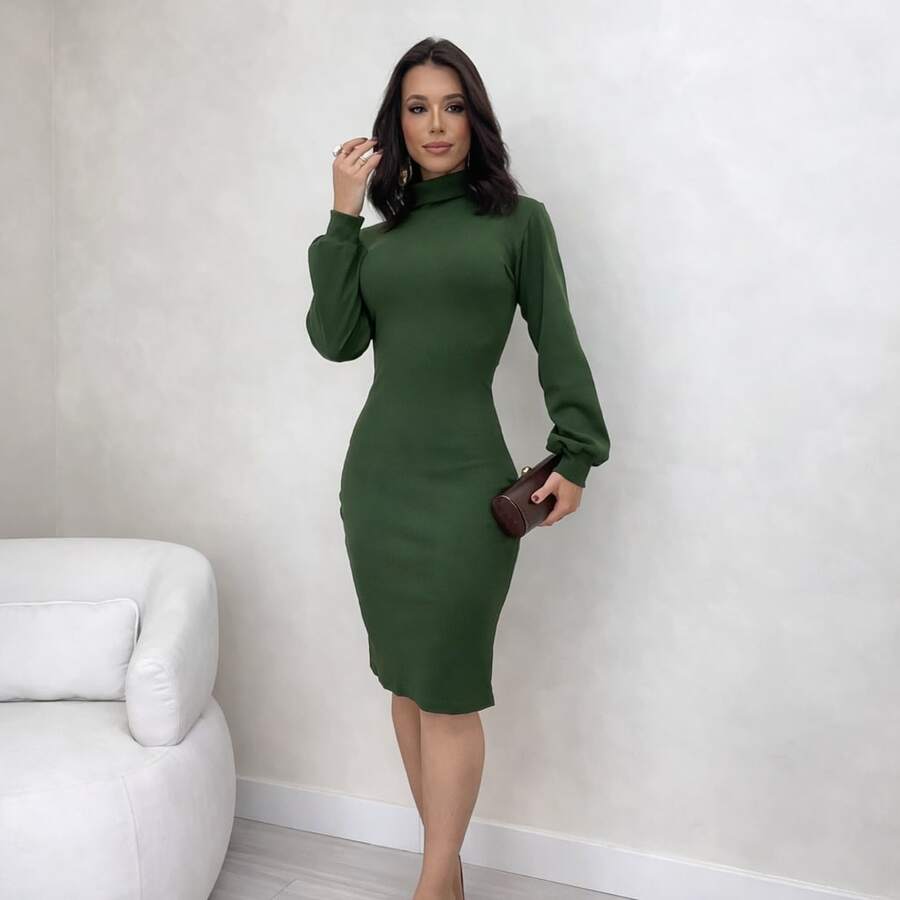 Midi Dress With Long Sleeves, Cuffs, And High Neck. Ribbed Knit Fabric. Autumn/Winter Fashion. - Army Green - View 1