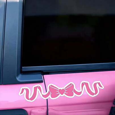 Pink Bow Heart Car Stickers - Cute & Playful Ribbon Decor Waterproof Car Decals Suitable For Car Body, Windows And Fuel Tank, Perfect Gift For Girls, Brides And Girlfriends On Valentine's Day And Wedding Season