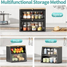 Two-Layer Large Bread Box, Bread Bins For Kitchen, Black Bread Bin With Stiped Window Door Pancel, Bread Storage With Wood Handle, Kitchen Bin Storage With Removable Layer, Black - WK810602-B - 查看 4