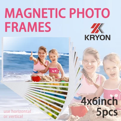 KRYON 5件套磁性相框，适用于4x6英寸照片，可重复使用的白色冰箱相框，背面带磁性，适用于冰箱、办公柜、储物空间和金属表面。