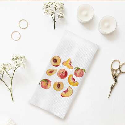 1pc Peach Design Kitchen & Bath Towel, Watercolor Fruit Slice Decor Dish Cloth, Kitchen Towel, Dish Towel, Housewarming Gift, Sweet Gift For Friends, Mom, Birthday Gift
