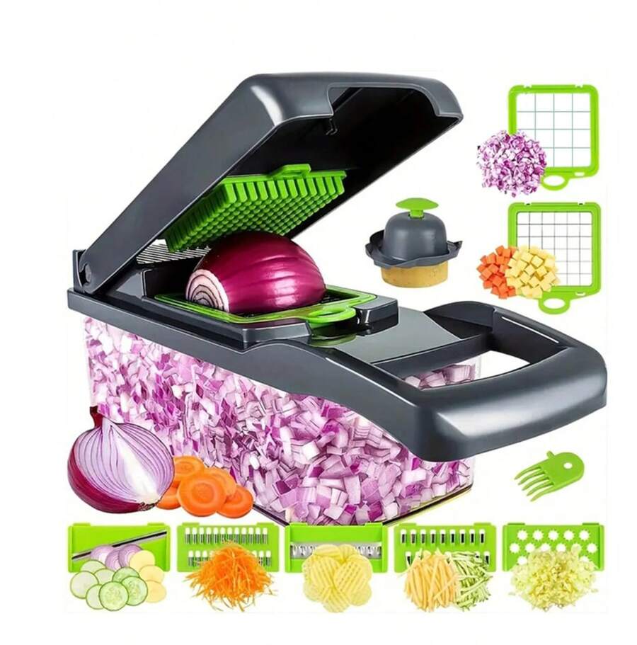 14 en 1 Picador de Verduras Multifuncional con Mango - Incluye Rallador, Rebanador y Picador | Apto para Rebanar Frutas, Cebollas, Zanahorias, Papas y talla grande | Viene con Caja de Almacenamiento - Más - Ver 1