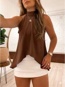 Women's Tank Top With Halter Neck And Tie Detail - Summer - 鏽棕色 - 查看 2