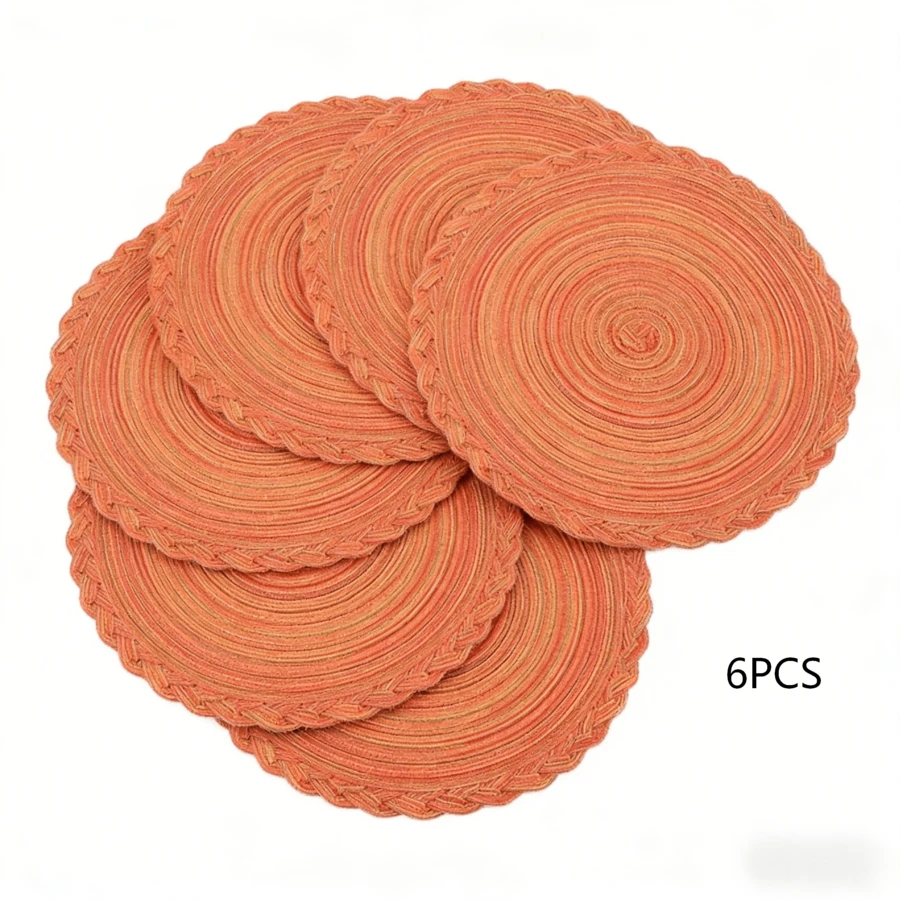 2/6 pièces Sets de table ronds en PP tressés à la main, tapis isolants orange vif, décoration de cuisine, convient pour pique-nique de jardin extérieur en été, pendaison de crémaillère, anniversaire, décoration de mariage, fournitures de fête de vacances, rassemblement familial, camping, nappe, chemin de table, décoration d'intérieur, essentiels de cuisine