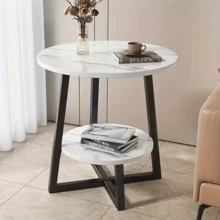 Modern 2-Tier Metal Coffee Table With Storage Shelves - Compact Round Side Table For Living Room, Balcony, Or Bedroom, White Marble Top, 3 Color Options, Perfect Holiday Gift, Coffee Table For Living Room, Balcony Organizer, Minimalist Design, Sturdy Construction, Versatile Furniture, Small Space Living - 白色 - 查看 5