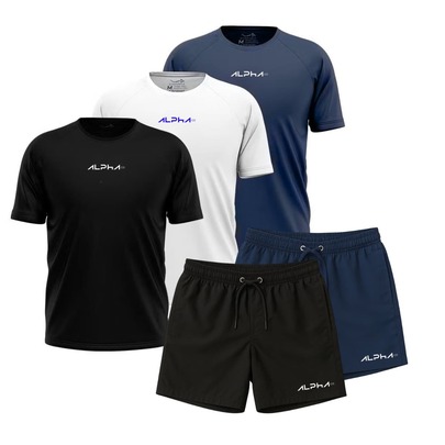 KIT 3 Camiseta + 2 Short Tactel Elastano Bermuda Dry Fit Masculina Alpha Co Lobo Wolf Geometrico Academia Original