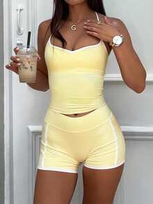 GAOVOT 女士夏季两件套，性感V领交叉绑带带衬垫吊带背心搭配高腰紧身提臀短裤，适合骑行、健身、瑜伽、健身房等运动。 - 黃色 - 查看 3