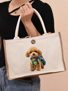 可爱卡通贵宾犬印花女士亚麻手提包+化妆包，白色卡通熊亚麻配套单肩包和化妆包套装，设计可爱，容量大，便携，可用作购物袋、化妆刷收纳袋、多功能收纳包，适合家庭、女性朋友、户外旅行、通勤、度假、母亲节、宠物爱好者 - 彩色 - 查看 14