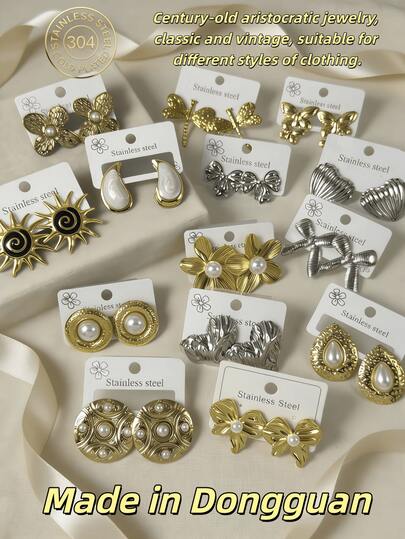 20 Pieces / Fashionable New Style Stainless Steel Earrings / Handmade Drip Oil Fruit And Butterfly Randomly Mixed Style Cartoon Large-Sized Titanium Steel Ear Studs Set. Made By Hand, With Different Thickness And Size. [Produced In Dongguan] Random Shipment