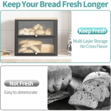Two-Layer Large Bread Box, Bread Bins For Kitchen, Black Bread Bin With Stiped Window Door Pancel, Bread Storage With Wood Handle, Kitchen Bin Storage With Removable Layer, Black - WK810602-B - 查看 5