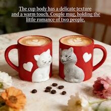 Ceramic Coffee Cup, 3D Cute Cat Print Coffee Cup, Household Water Cup, Juice Cup, Large Capacity, Cute Couple Friend Coffee Cup - Hand Washed Only, Heat Insulation, Reusable, Suitable For Juice, Milk And Coffee, Perfect Gift For Coffee Lovers, Men And Women, Suitable For Couples Back To School, 2PCS - 紅色 - 查看 2