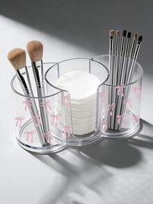 Pink Bow Pattern 3-In-1 Transparent Plastic Storage Box, Desktop Makeup Organizer Box With Double Round Holes, Transparent Cosmetic Storage Box With Dual Compartments - Modern Vanity Table Storage Box With Lid, Bathroom Vanity Organizer, Suitable For Makeup Brushes, Lipsticks - Multicolor - View 7