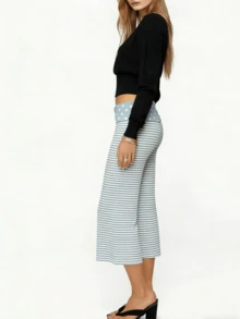 Women's Fold Over Waist Capri Fashionable Casual Solid Color Low Rise Wide Leg Crop Pants - 天藍色 - 查看 4