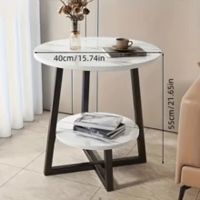 Modern 2-Tier Metal Coffee Table With Storage Shelves - Compact Round Side Table For Living Room, Balcony, Or Bedroom, White Marble Top, 3 Color Options, Perfect Holiday Gift, Coffee Table For Living Room, Balcony Organizer, Minimalist Design, Sturdy Construction, Versatile Furniture, Small Space Living - 白色 - 查看 2