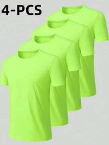 4件装男士夏季健身吸湿排汗短袖T恤，户外运动半袖，透气马拉松跑步情侣运动速干上衣 - 薄荷綠 - 查看 7