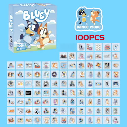 Bluey Bộ 100 miếng dán hoạt hình chống thấm nước, hình dán hoạt hình dễ thương dùng để làm sổ lưu niệm, trang trí, quà tặng.