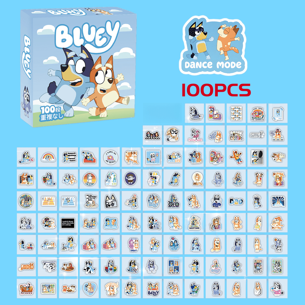 Bluey Bộ 100 miếng dán hoạt hình chống thấm nước, hình dán hoạt hình dễ thương dùng để làm sổ lưu niệm, trang trí, quà tặng.