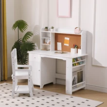 Gaderth Kids Study Desk With Chair, Kids Desk And Chair Sets With Hutch, Drawer And Storage Cabinet, Wooden Children Study Table With Cork Bulletin Board, Ideal For Boys And Girls Ages 3-8 - White - View 4