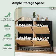 Rattan Schuhschrank, Schmal Schuhregal Mit 4 Klappen, Schuhkipper Schuhkommode Mit Einstellbar Ablageflächen & Metallbeine - Schwarz - Übersicht 6