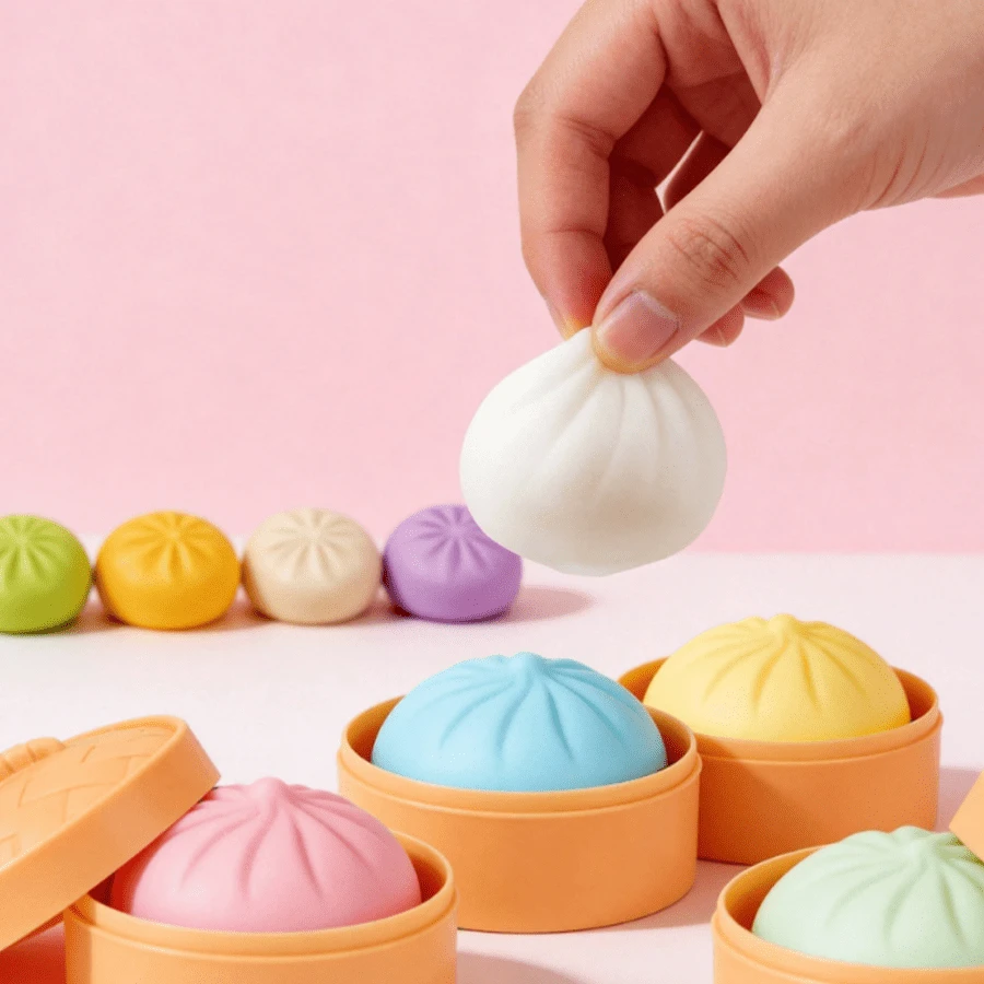 1 Set de juguete de sonido y rebote lento que simula la presión de la cocción al vapor de bollos de char siu y xiao long bao, juguete mágico de alivio de presión de bollo grande, juguete de silicona que simula el sonido de la vaporera, juguete de decoración que simula los dim sum al vapor, empanadillas y comida