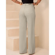 Women's Wide Leg Tailored Twill Pants With Lycra, High Waist, Slash Pockets, Premium Style (Sand Color) - Sand - View 2