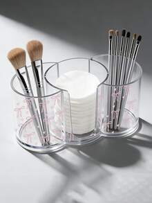 Pink Bow Pattern 3-In-1 Transparent Plastic Storage Box, Desktop Makeup Organizer Box With Double Round Holes, Transparent Cosmetic Storage Box With Dual Compartments - Modern Vanity Table Storage Box With Lid, Bathroom Vanity Organizer, Suitable For Makeup Brushes, Lipsticks, Beauty Tools Bag, Make Up Organizer - Multicolor - View 7