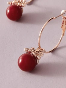 一对法式优雅圆形花朵和仿珍珠吊坠耳环，时尚派对耳环 - 金色 - 查看 2