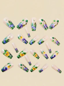 24pcs Tricolor Convolvulus Pattern Decorated False Nails - Nude Base Color Pressed Fake Nails, Nail Art Supplies, Long Fake Nails, Y2K Style - Multicolor - View 3