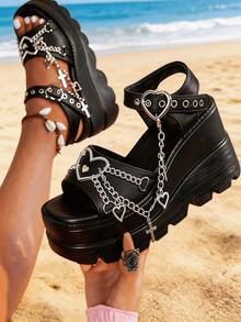Y2K Style Punk Gothic Women's Platform Chain Sandals Black Chunky Heel Sandals With Heart & Charm Detailing Summer Open Toe Casual Sandals For Daily & Beach Vacation Shoes - 黑色 - 查看 2