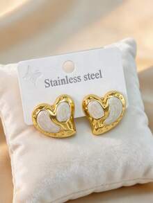 Colorful Enamel Heart Shaped Earrings, Gold Plated Double Heart Stud Earrings, Enamel Jewelry, Valentine's Day Gift For Wife/Girlfriend - Multicolor - View 2