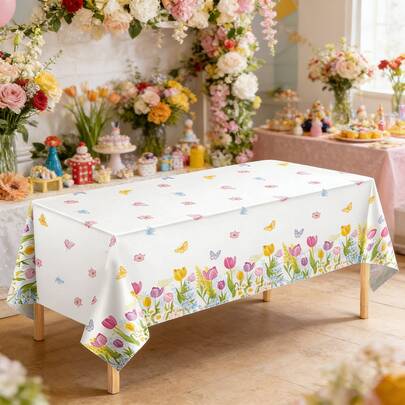 1/3 chiếc khăn trải bàn bằng nhựa họa tiết bướm và hoa tulip, trang trí hoa tulip màu nước, thích hợp cho tiệc mùa xuân/hè, dã ngoại, sinh nhật, kích thước 137x274cm.