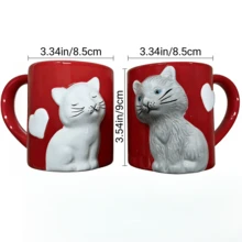 Ceramic Coffee Cup, 3D Cute Cat Print Coffee Cup, Household Water Cup, Juice Cup, Large Capacity, Cute Couple Friend Coffee Cup - Hand Washed Only, Heat Insulation, Reusable, Suitable For Juice, Milk And Coffee, Perfect Gift For Coffee Lovers, Men And Women, Suitable For Couples Back To School, 2PCS - 紅色 - 查看 7