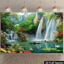 Tapeçaria plana 2D de peça única com vibrante paisagem de cachoeira - Fundo artístico em poliéster com lago, vegetação e majestosa cachoeira, ideal para decoração de casa, festas e feriados, sem necessidade de eletricidade, adereço para estúdio fotográfico, cenário de festa com paisagem tranquila, textura detalhada, decoração de cachoeira - A - Ver 3