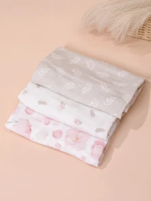 3件裝輕量無彈性嬰兒包巾，花卉與葉片印花，柔軟舒適，適合新生女嬰與男嬰，Oeko-Tex 認證 - 彩色 - 查看 3