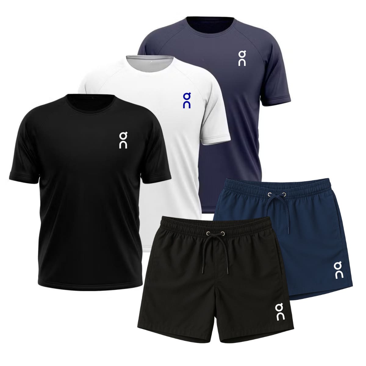 KIT 3 T-Shirts + 2 Men's Dry Fit Shorts, ON Running Gym Original 6 PIECES - Đen, xanh dương và trắng - Xem 1