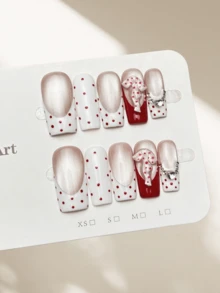 10pcs Handmade Nails Square Nails Acrylic Press On Nails Short, Gentle White Nails, Flashy Cateye, White & Red French Tip Nails, Handpainted Red Polka Dots Nail Gems Large 3D Bow Rhinestone Diamond Inlaid, Edgy Elegant Simple Spring Fake Nails, Summer Nails, Party Daily & Dating Use Beach Tropical Getaway Suitable,DIY False Nail Art Suitable For Women & Girls As Gift Nail Supplies - Red - View 1