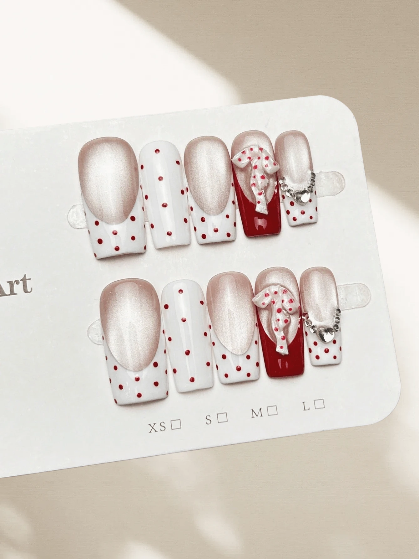 10pcs Handmade Nails Square Nails Acrylic Press On Nails Short, Gentle White Nails, Flashy Cateye, White & Red French Tip Nails, Handpainted Red Polka Dots Nail Gems Large 3D Bow Rhinestone Diamond Inlaid, Edgy Elegant Simple Spring Fake Nails, Summer Nails, Party Daily & Dating Use Beach Tropical Getaway Suitable,DIY False Nail Art Suitable For Women & Girls As Gift Nail Supplies - Red - View 1