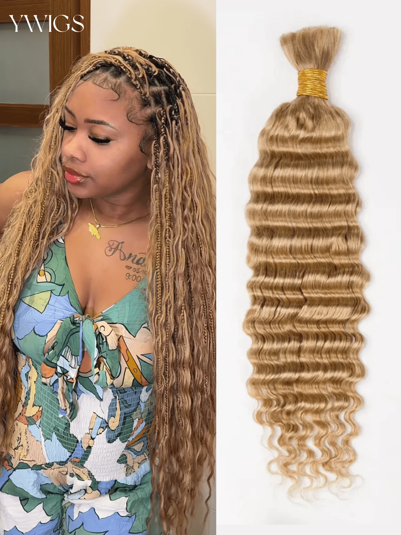 Y WIGS 無緯編人髮編髮髮束 波希米亞編髮 深波浪 100g/束 18-20 英吋 100% 巴西波希米亞人髮接髮 無結散髮人髮 適用於假期、度假、日常、返校、運動