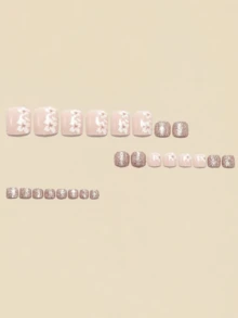 24pcs Nude Watercolor Flower Rhinestone Decorated Short Fake Toenail Stickers, Toe Nail Art Supplies, Y2K Style - Pink - View 3