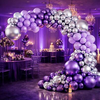 Kit 130 Balões Lilás Roxo Prata Metalizado Decoração Com Bexigas Para Arco Desconstruído + Fita