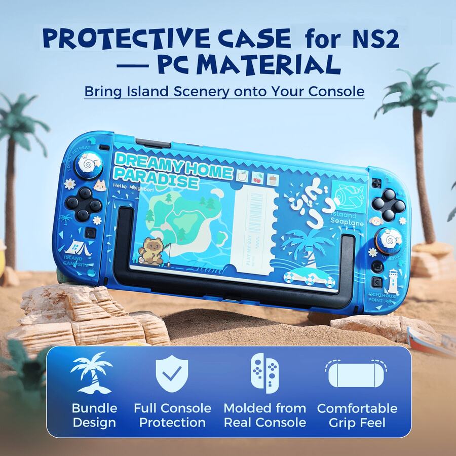 Funda protectora de la isla animal azul IINE para Switch2(2025) / NS2, funda protectora con 2 tapas de joystick, estuche para tarjetas de juego, funda de PC delgada y linda - Ver 1