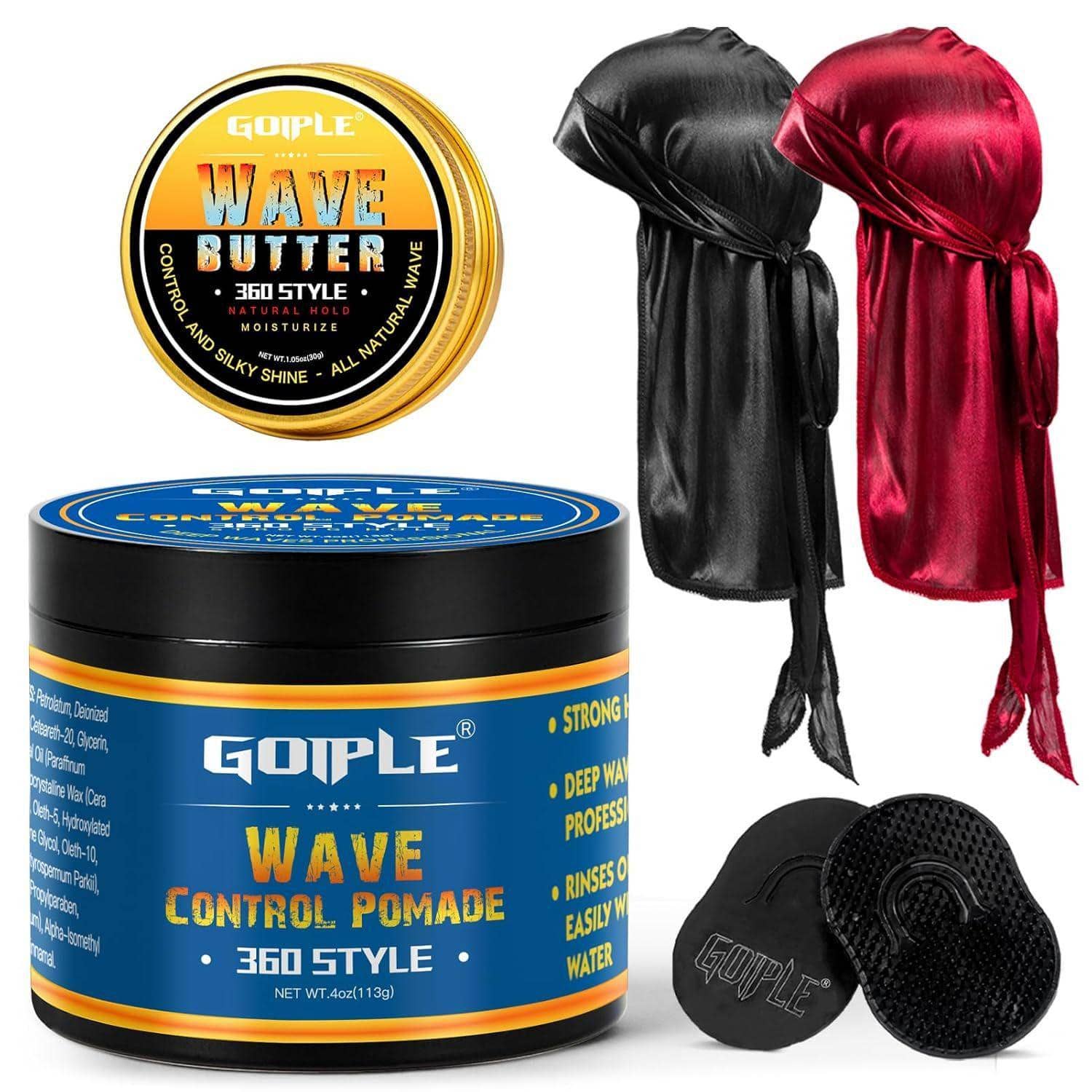 Goiple Water‑Based 360 Wave Training Pomade For Men, Silky Smooth Non‑Greasy Application, Long‑Lasting Strong Hold Grease, Easy Wash, Frizz Control, Premium Silky Wrinkle‑Resistant Durags, Wave Brushes,Deep Moisture Short Coarse Curly, Barber Wave Hairstyle