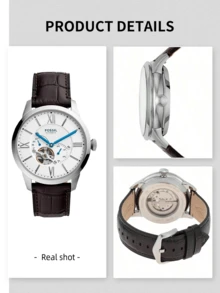 Fossil Men's Automatic Mechanical Wristwatch, Brown Crocodile Leather Strap, Silver Case, White Dial With Joyful Mechanical Movement, Blue Hands, Silver Roman Numerals, Small Seconds Dial, Classic Gentleman's Formal Watch, Luxury Gift For Father Or Husband - White - View 6